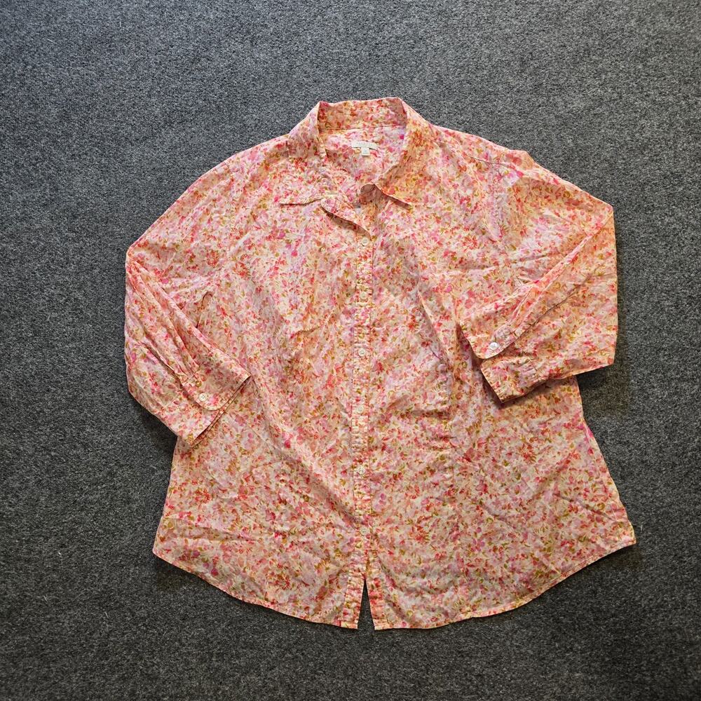 Talbots Top Womens 1X Pink Floral Button Up 3/4 Sleeve Lightweight Career Casual